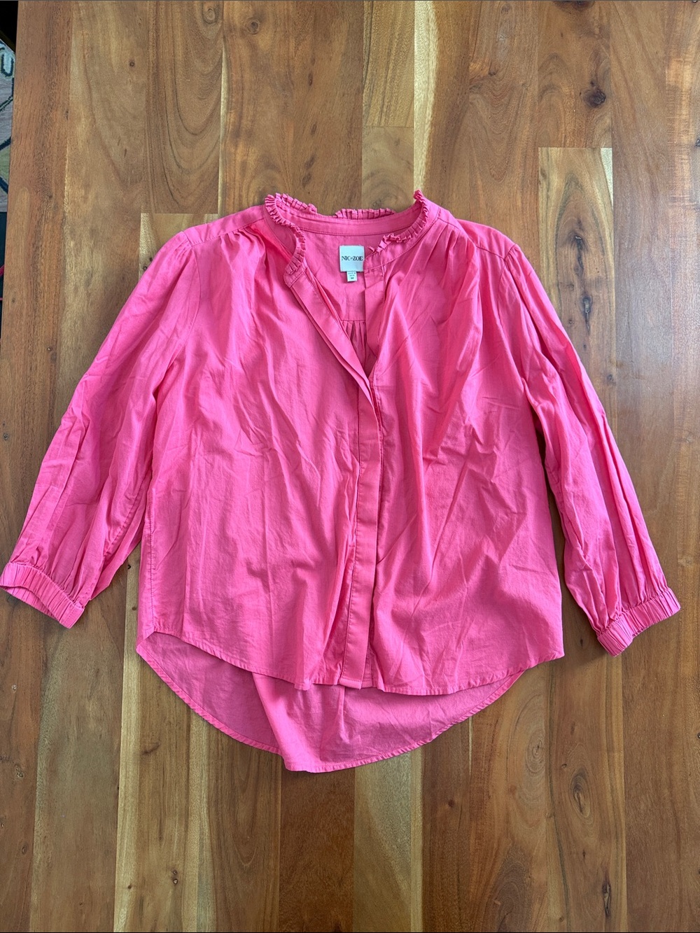 NIC+ZOE Pink Ruffle Collar Button-Front Blouse 100% Cotton Size Medium